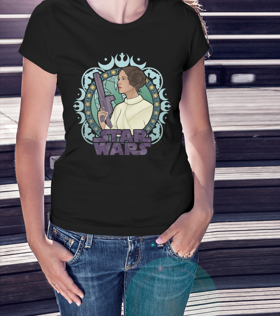 Star Wars Princess Leia Stained Glass Profile With Blaster And Rebel Alliance T-Shirt