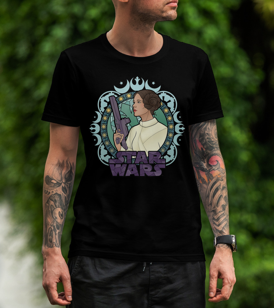 Star Wars Princess Leia Stained Glass Profile With Blaster And Rebel Alliance T-Shirt