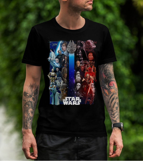 Star Wars Rebellion And Imperial Characters Collage Featuring Iconic Ship Battle Scenes T-Shirt