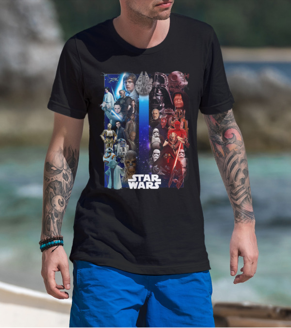 Star Wars Rebellion And Imperial Characters Collage Featuring Iconic Ship Battle Scenes T-Shirt