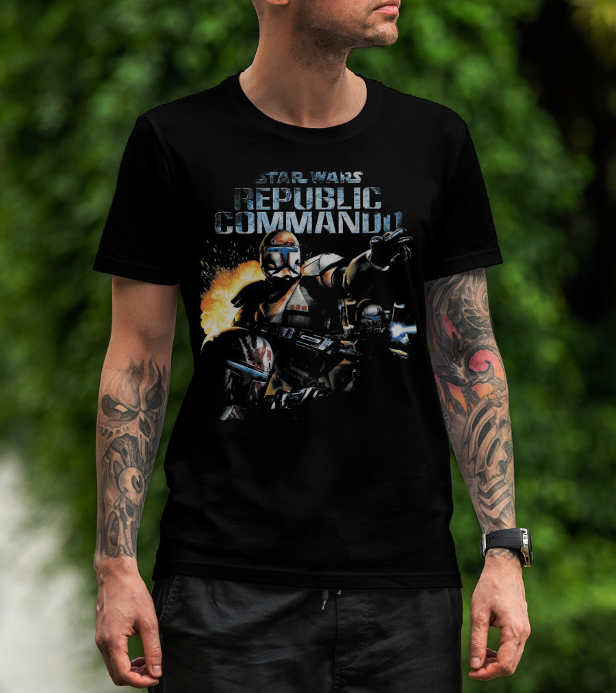 Star Wars Republic Commando Video Game Action Scene With Armored Soldiers And Explosions T-Shirt
