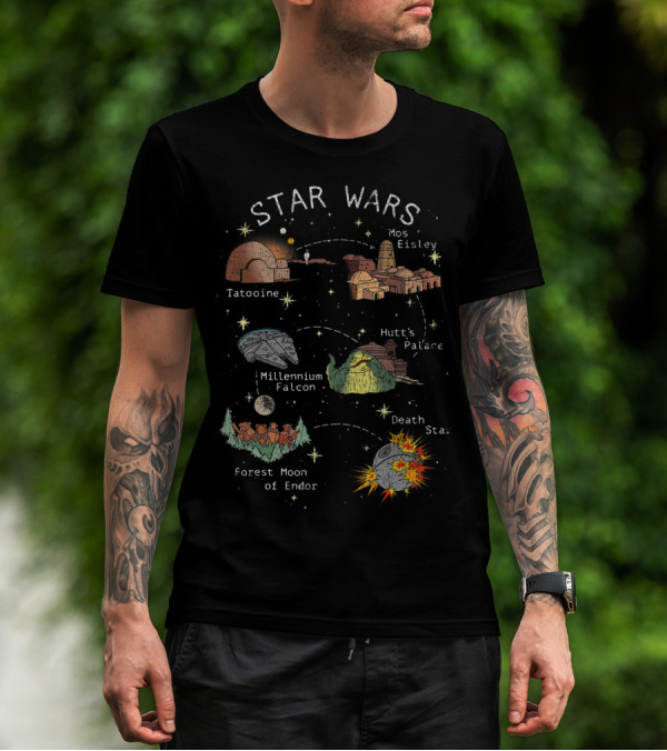 Star Wars Tatooine Mos Eisley Millennium Falcon Hutt's Palace Forest Moon Of Endor Death Star T-Shirt