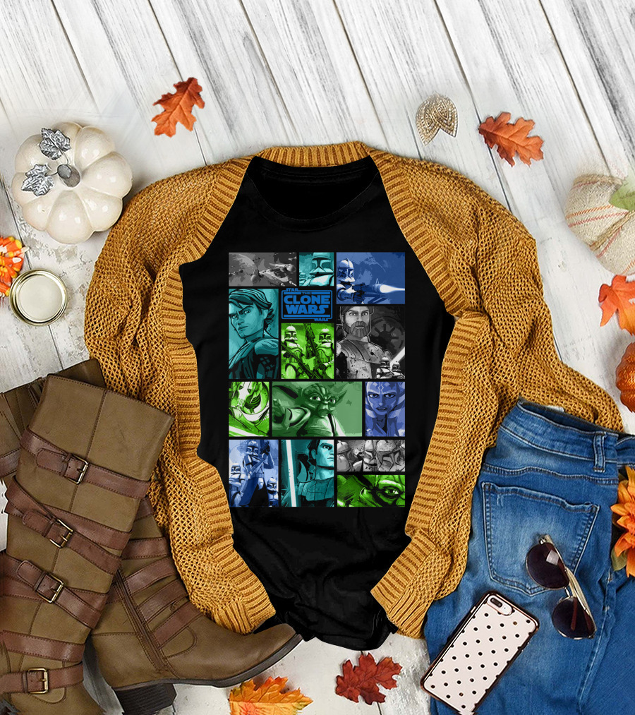 Star Wars The Clone Wars Group Panels Anakin Yoda Obi-Wan Troopers Ahsoka Jedi Scenes T-Shirt