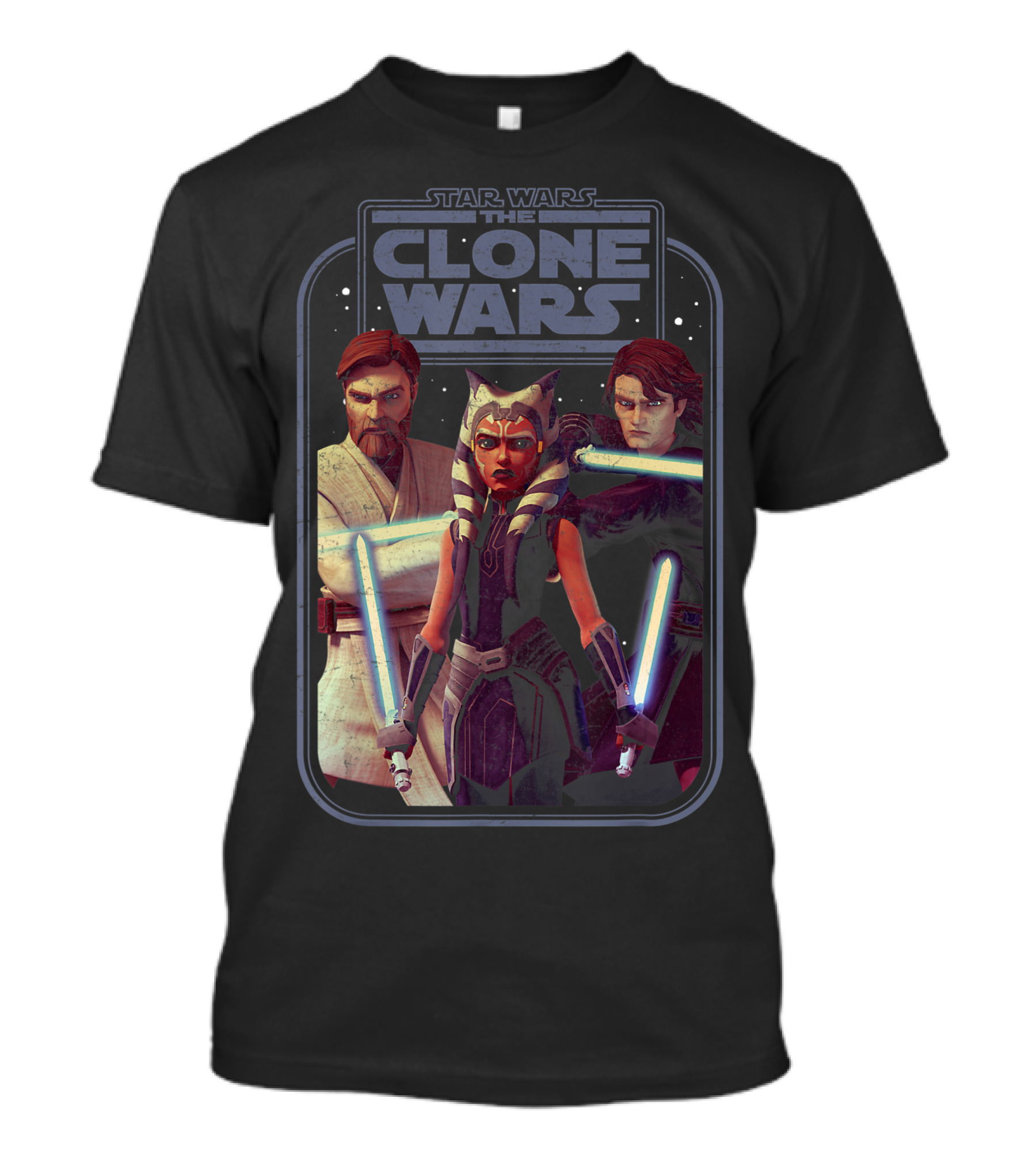 Star Wars The Clone Wars Obi-Wan Ahsoka Anakin Lightsaber Group Shot T-Shirt