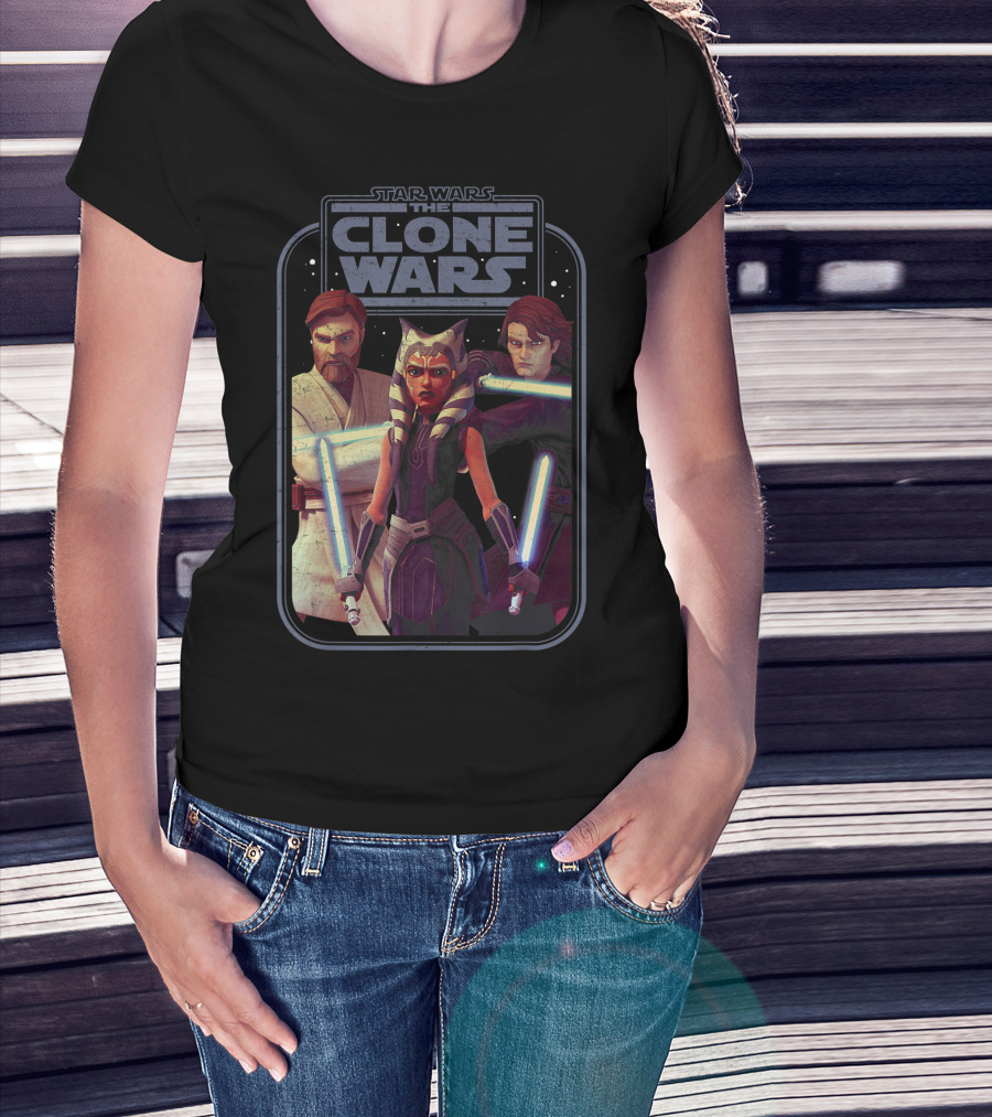 Star Wars The Clone Wars Obi-Wan Ahsoka Anakin Lightsaber Group Shot T-Shirt