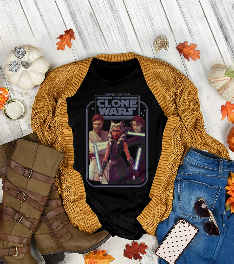 Star Wars The Clone Wars Obi-Wan Ahsoka Anakin Lightsaber Group Shot T-Shirt