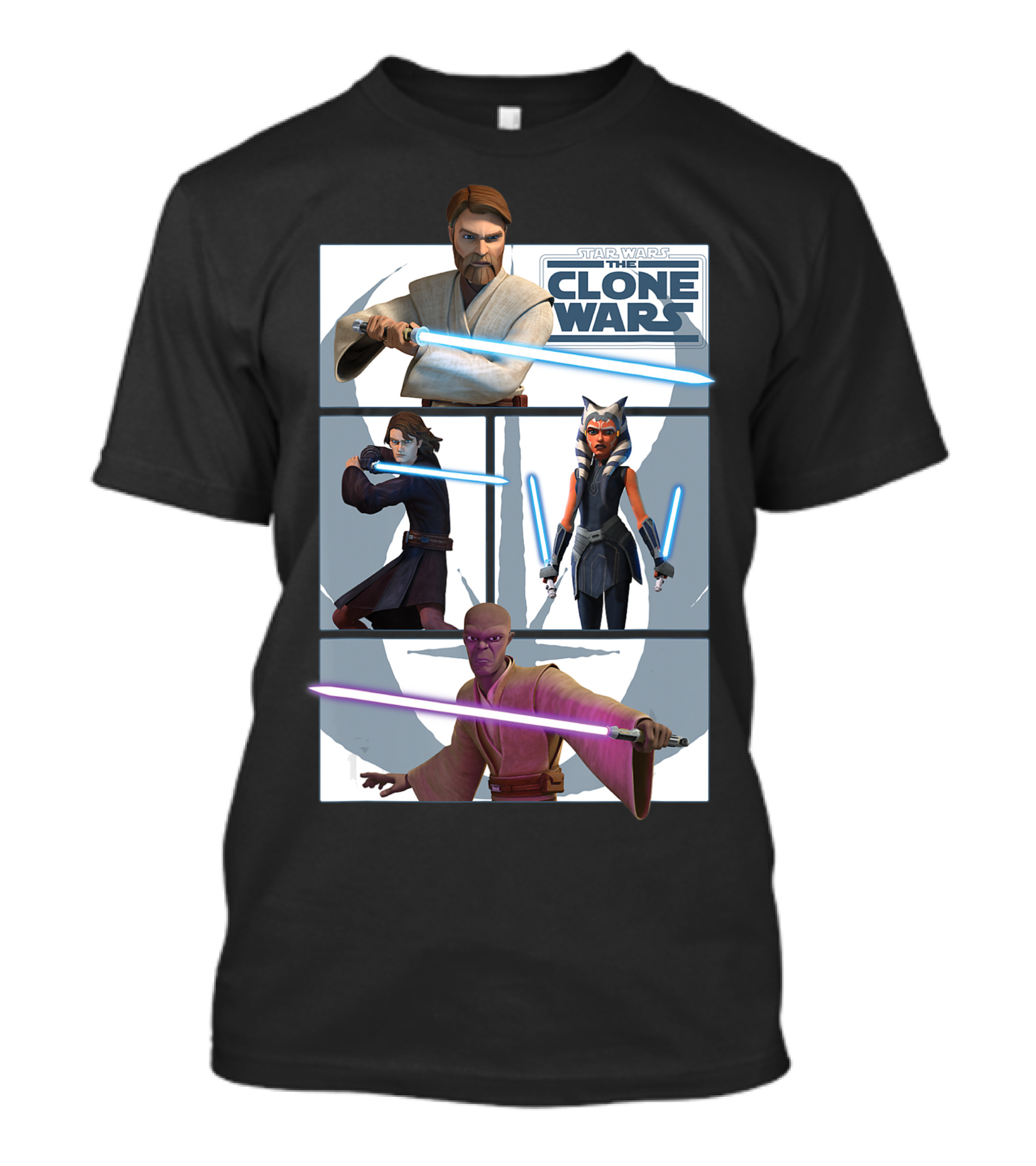 Star Wars The Clone Wars Jedi Obi-Wan Anakin Ahsoka Mace Panels T-Shirt