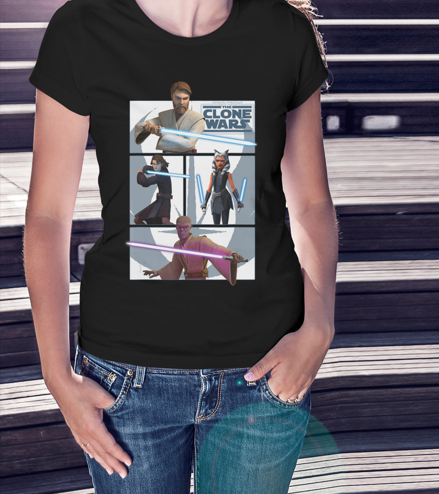 Star Wars The Clone Wars Jedi Obi-Wan Anakin Ahsoka Mace Panels T-Shirt
