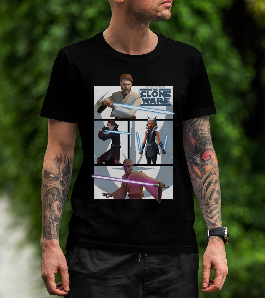 Star Wars The Clone Wars Jedi Obi-Wan Anakin Ahsoka Mace Panels T-Shirt