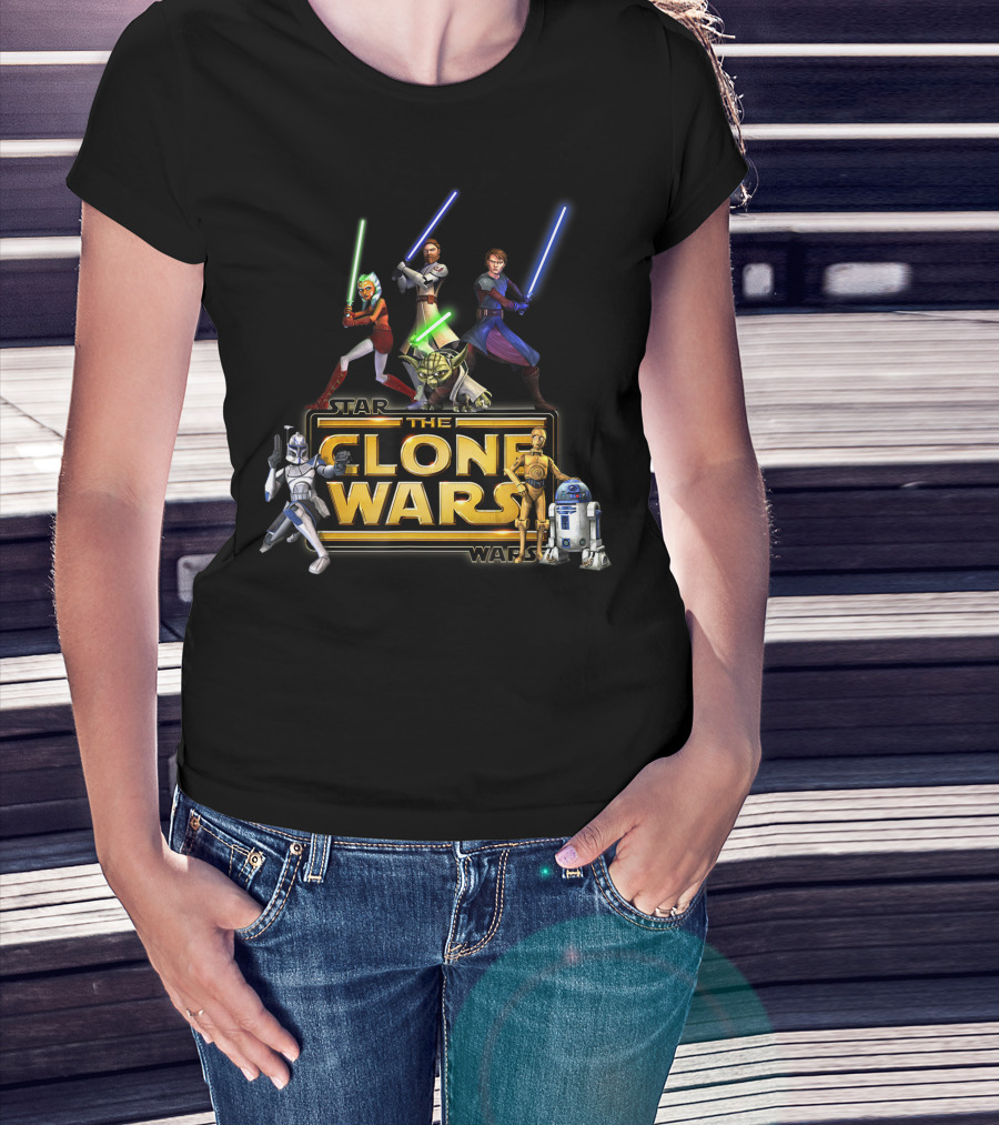 Star Wars The Clone Wars Jedi Warriors Yoda Obi-Wan Anakin Ahsoka R2-D2 C-3PO Clone Trooper T-Shirt