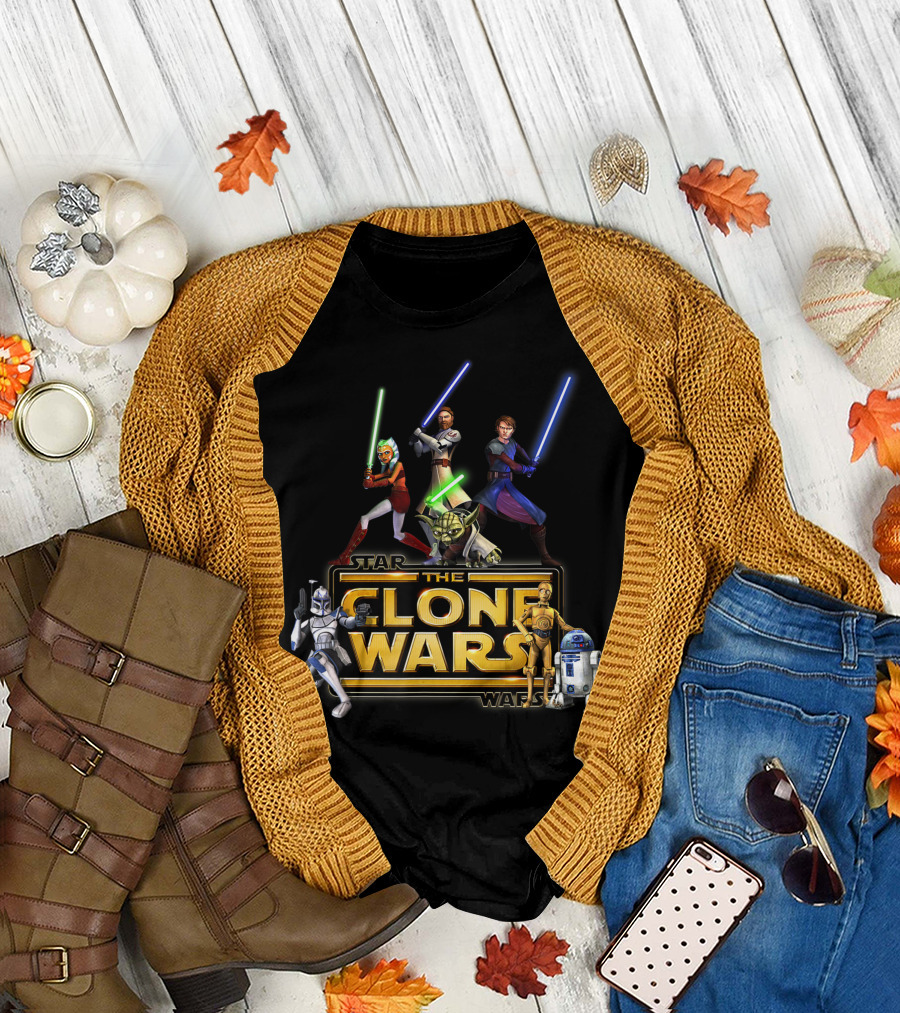 Star Wars The Clone Wars Jedi Warriors Yoda Obi-Wan Anakin Ahsoka R2-D2 C-3PO Clone Trooper T-Shirt