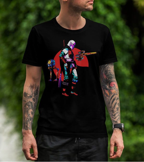 Star Wars The Mandalorian And Walker Against Red Sun With Spaceship T-Shirt