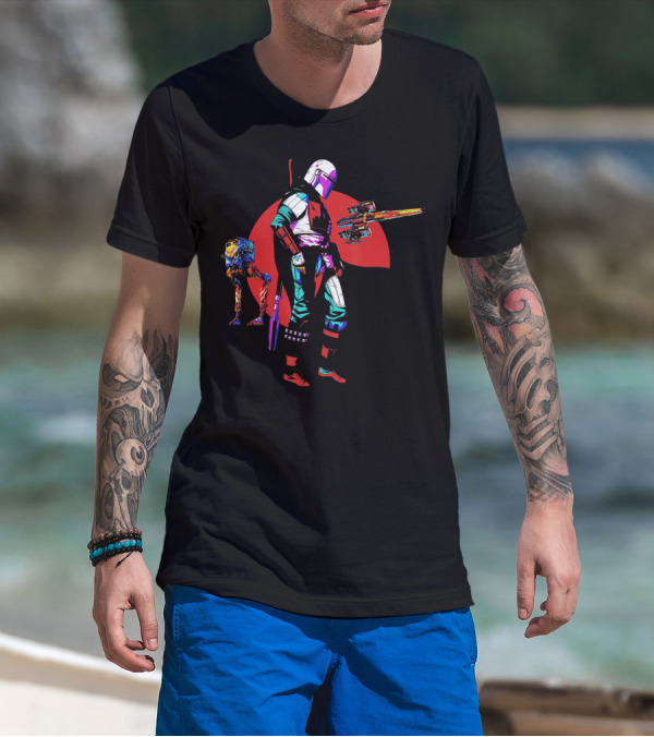Star Wars The Mandalorian And Walker Against Red Sun With Spaceship T-Shirt
