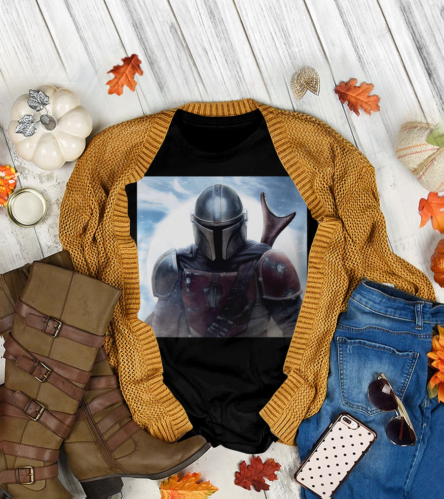 Star Wars The Mandalorian Lone Gunfighter Helmet Sky Background T-Shirt