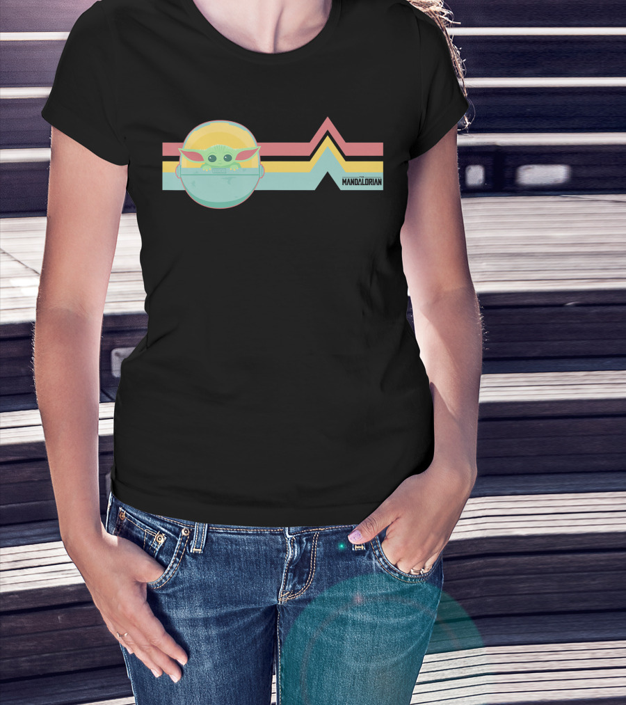 Star Wars The Mandalorian The Child Rainbow Stripe Design With Mandalorian Text T-Shirt