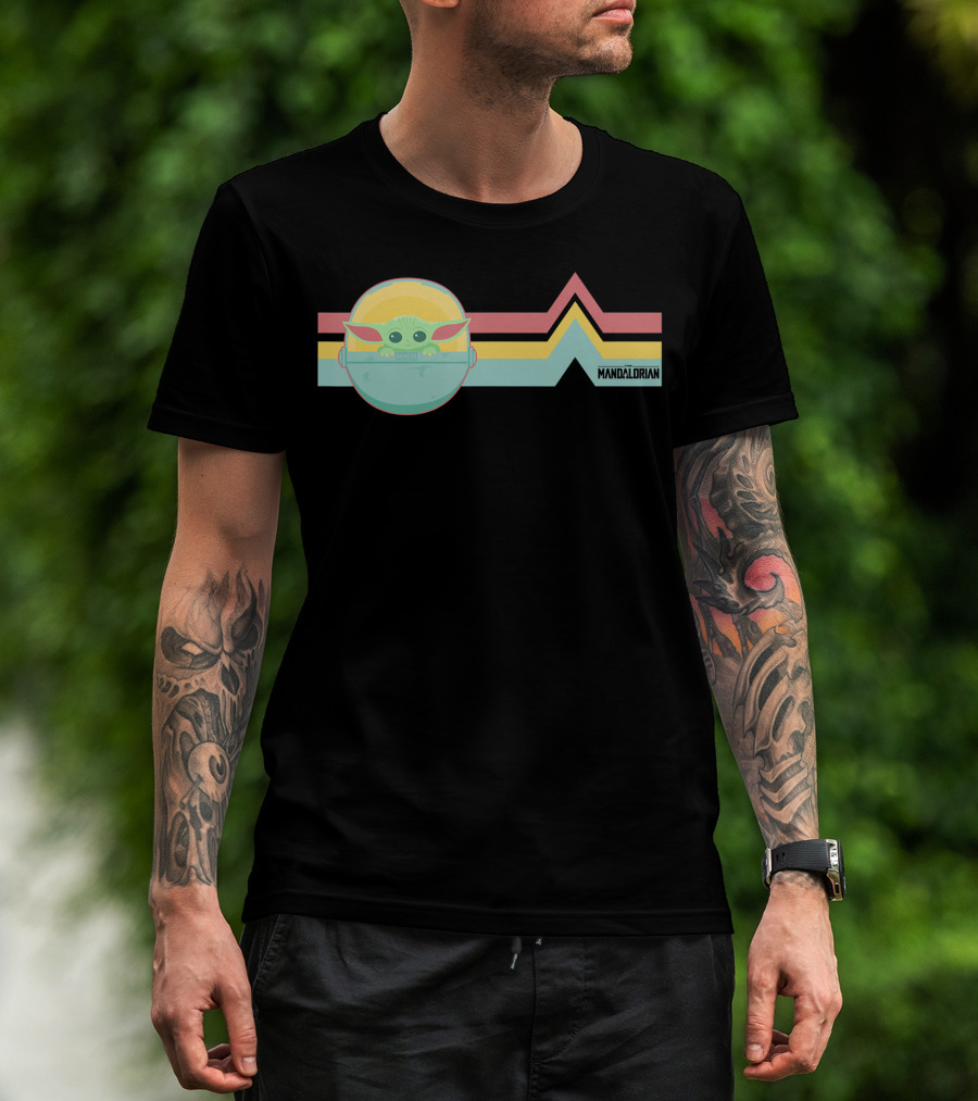 Star Wars The Mandalorian The Child Rainbow Stripe Design With Mandalorian Text T-Shirt