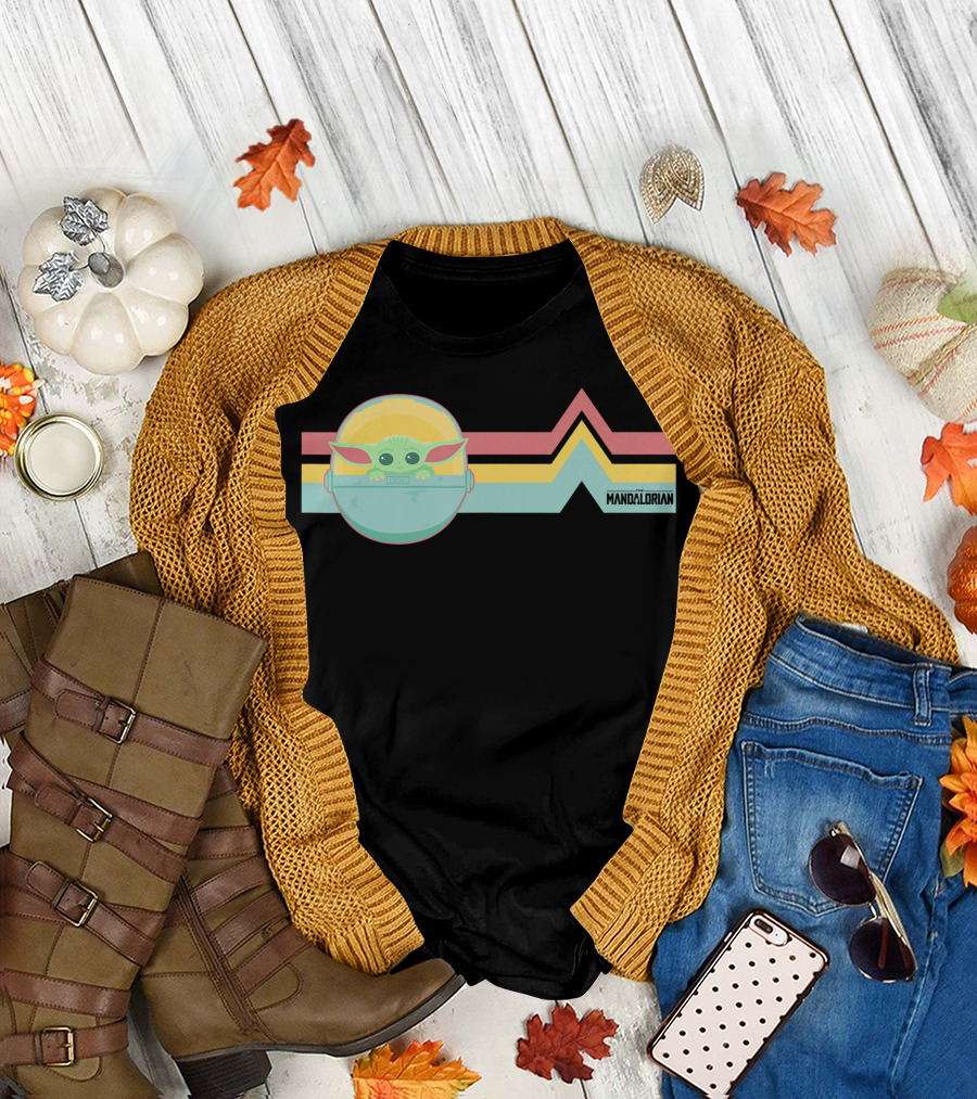 Star Wars The Mandalorian The Child Rainbow Stripe Design With Mandalorian Text T-Shirt