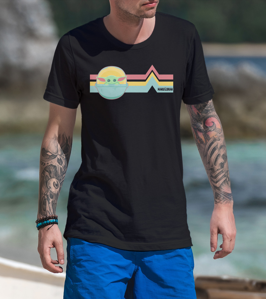 Star Wars The Mandalorian The Child Rainbow Stripe Design With Mandalorian Text T-Shirt