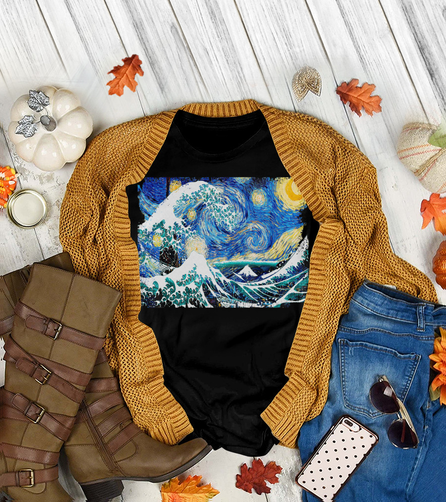 Starry Night Great Wave Van Gogh Katsushika Hokusai Painting Fusion T-Shirt
