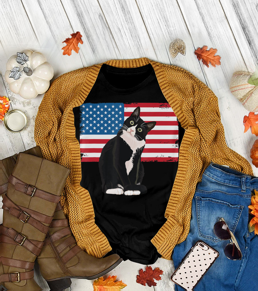 Tuxedo Cat 4th of July Patriotic Adults Kids American Flag T-Shirt