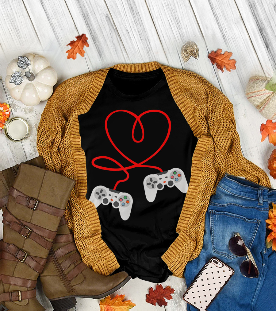 Video Gamer Heart Shaped Valentine with Dual Controllers T-Shirt