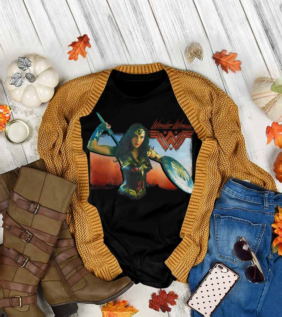 Wonder Woman Iconic Warrior Movie Character with Sword and Shield T-Shirt