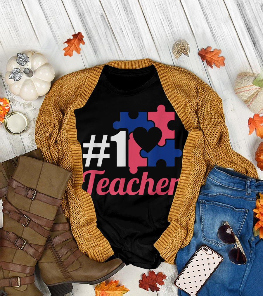 Support Autism Number One Teacher Puzzle Heart T-Shirt