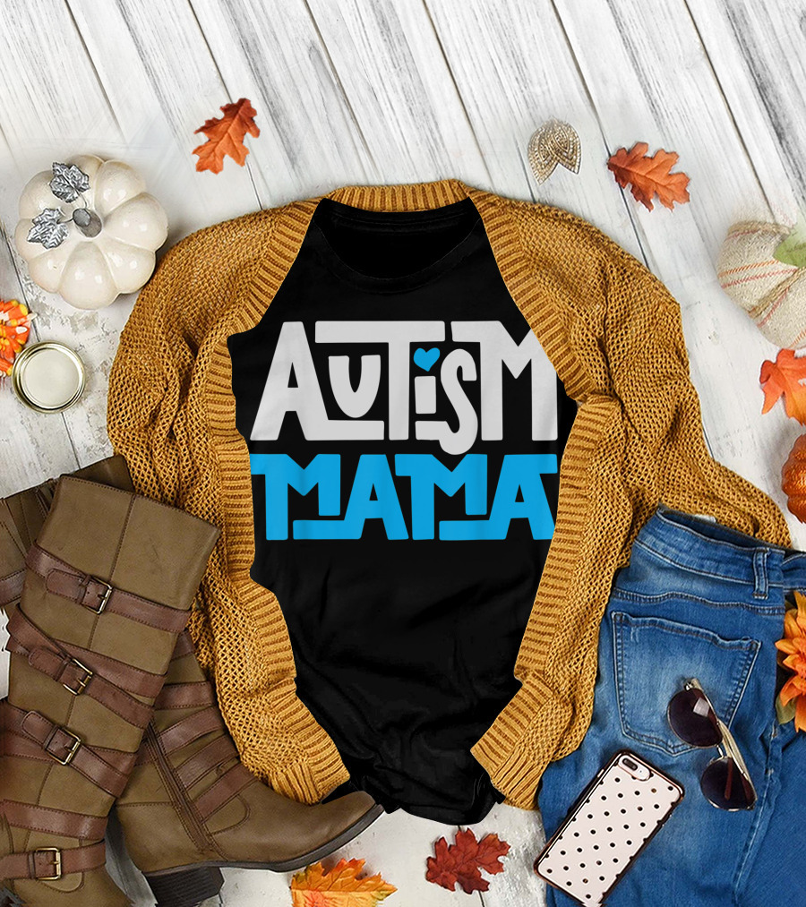 AUTISM MAMA Blue Heart Text T-Shirt