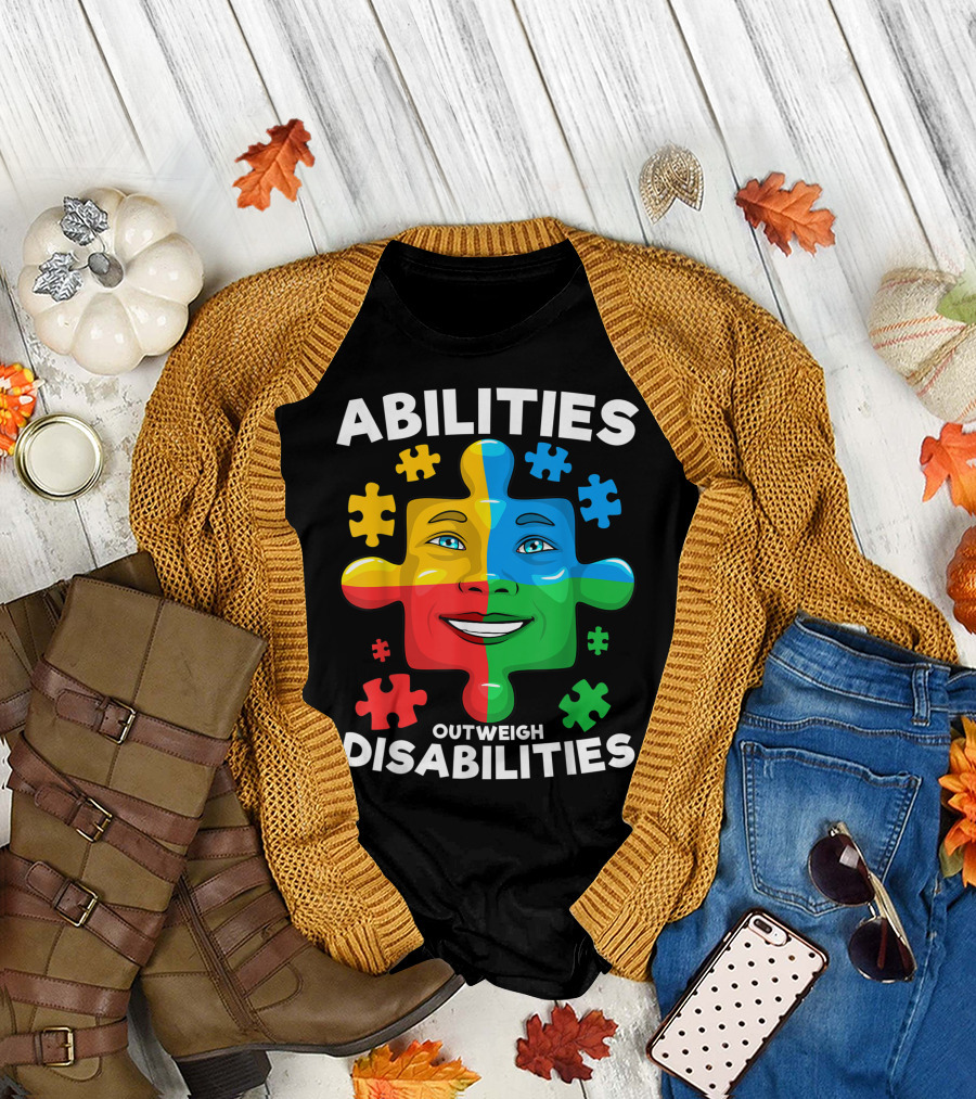 Abilities Outweigh Disabilities Autism Awareness Puzzle Face T-Shirt