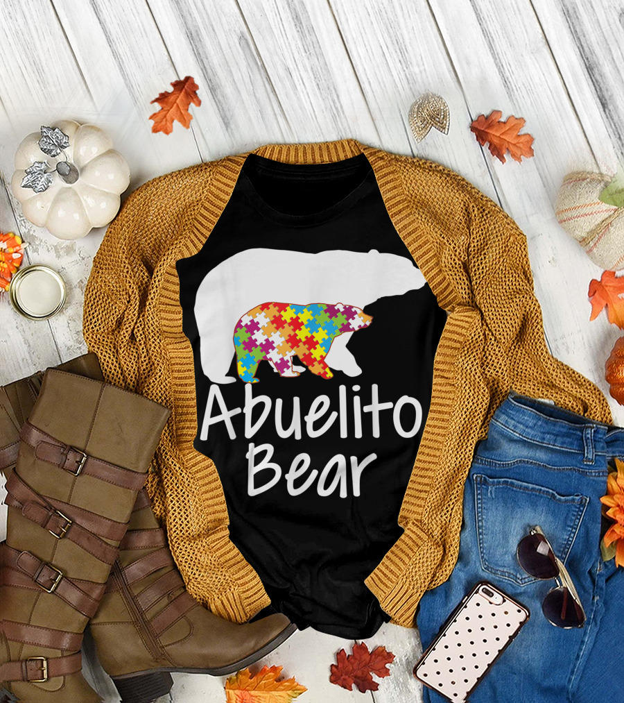 Abuelito Bear Autism Awareness Rainbow Puzzle Ribbon T-Shirt