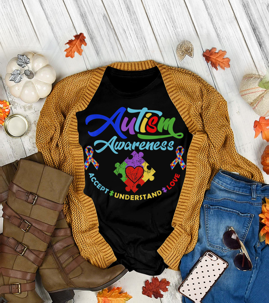 Autism Awareness Accept Understand Love Kindness Ribbon Heart Puzzle T-Shirt