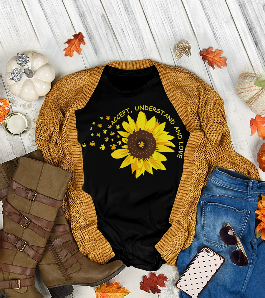 Accept Understand and Love Sunflower Puzzle Pieces Autism T-Shirt