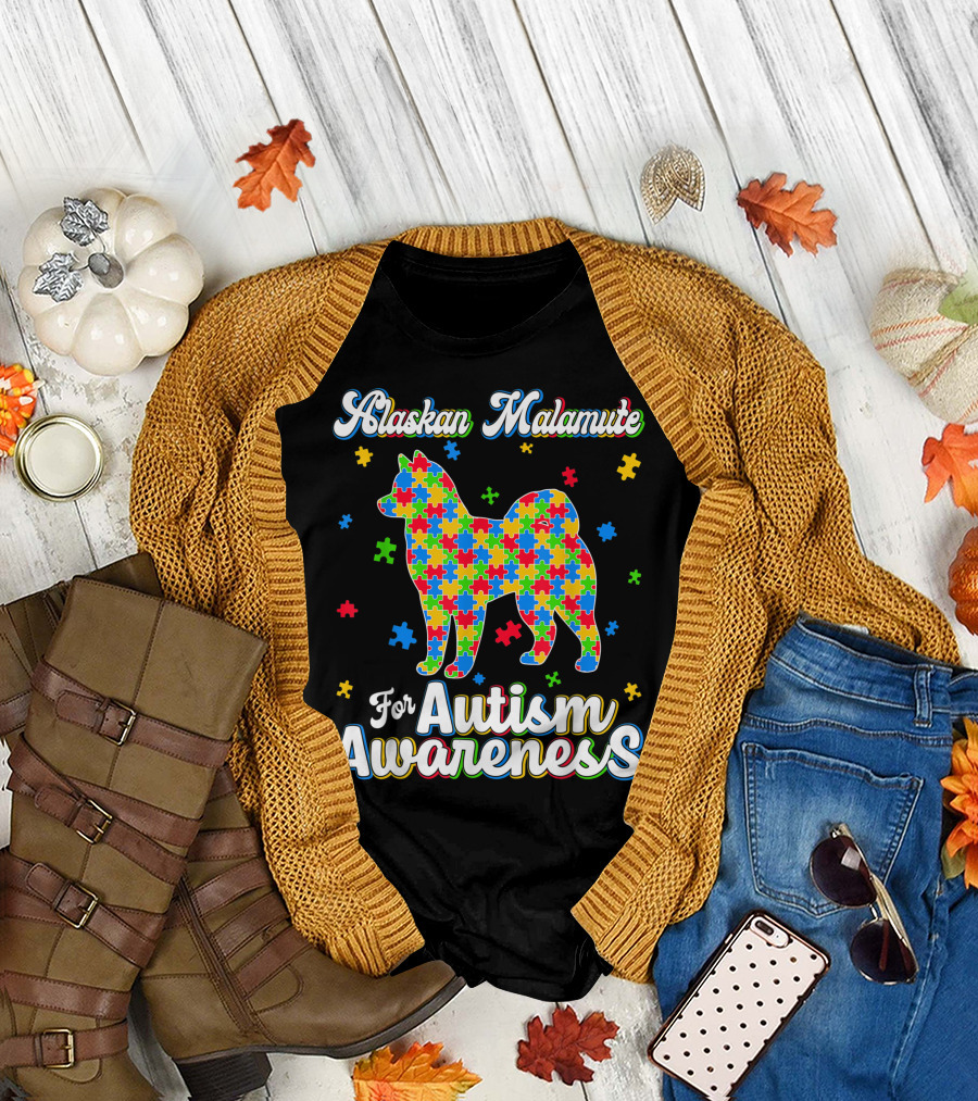 Alaskan Malamute For Autism Awareness Dog Dad Dog T-Shirt