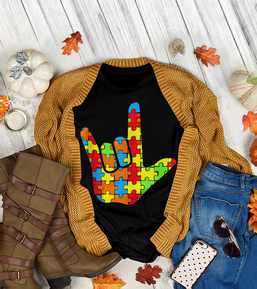 ASL Love Autism Awareness Support Sign Language Puzzle T-Shirt