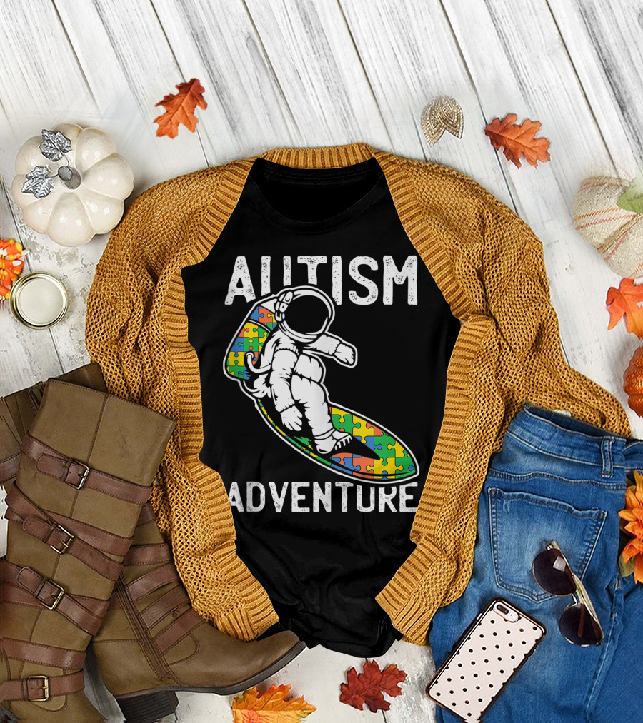 Autism Adventure Astronaut Surfing Puzzle Pieces T-Shirt