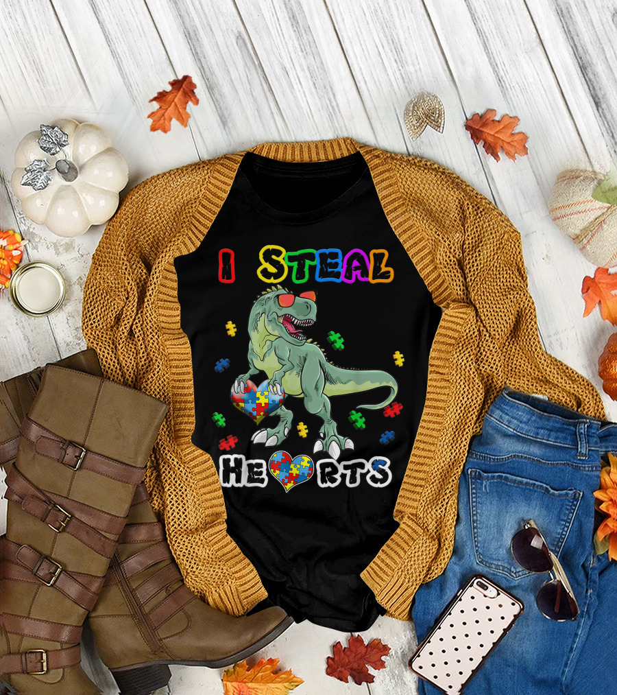 I Steal Hearts Dinosaur Autism Awareness Puzzle Pieces T-Shirt