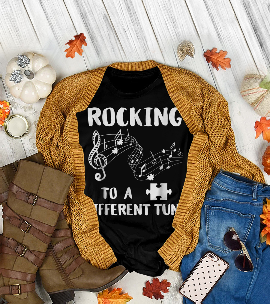 Rocking to a Different Tune Autism Awareness Puzzle Music Notes T-Shirt