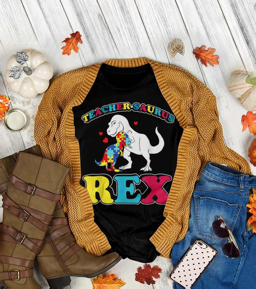 Teachersaurus Rex Autism Awareness Dinosaur Puzzle Heart T-Shirt