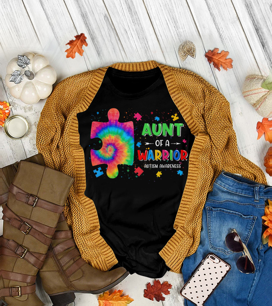 Aunt Of A Warrior Autism Awareness Puzzle Piece Family Matching T-Shirt