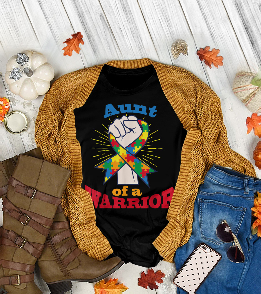Aunt of a Warrior Puzzle Ribbon Autism Awareness T-Shirt