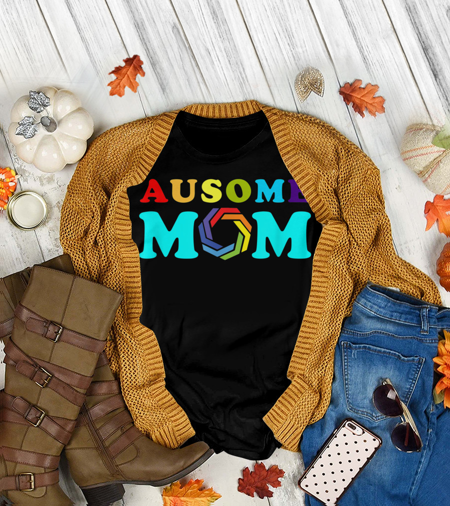 Ausome Mom Autism Awareness Rainbow Hexagon T-Shirt
