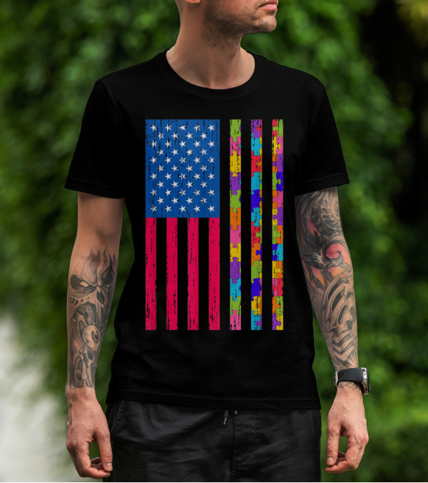 Autism American Flag Distressed Puzzle Pattern For Autism Awareness T-Shirt