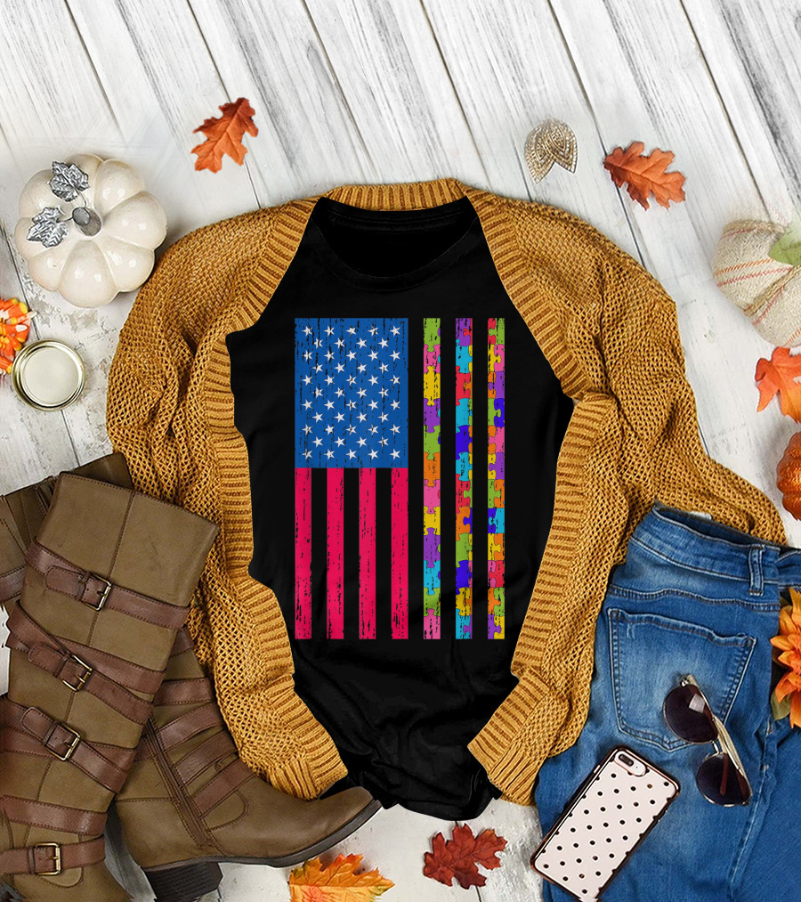 Autism American Flag Distressed Puzzle Pattern for Autism Awareness T-Shirt