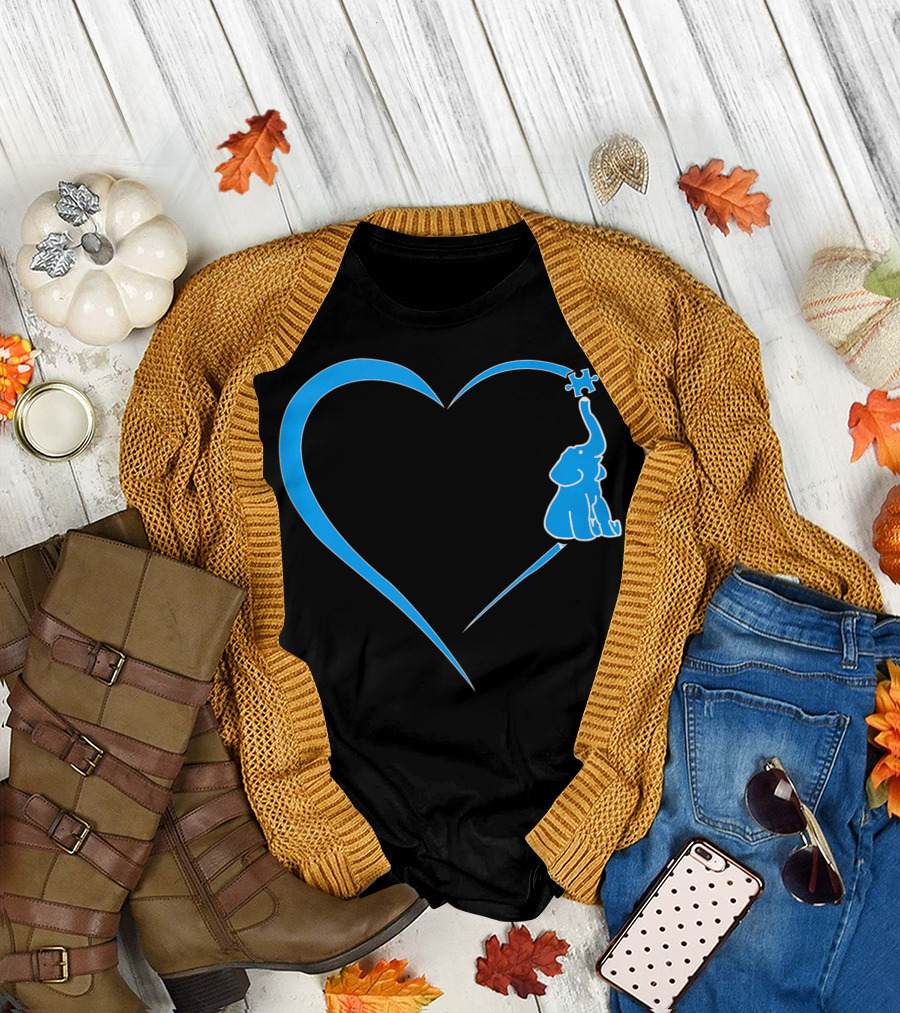 Autism Mom Boy Girl Awareness Blue Heart Elephant Puzzle Piece T-Shirt