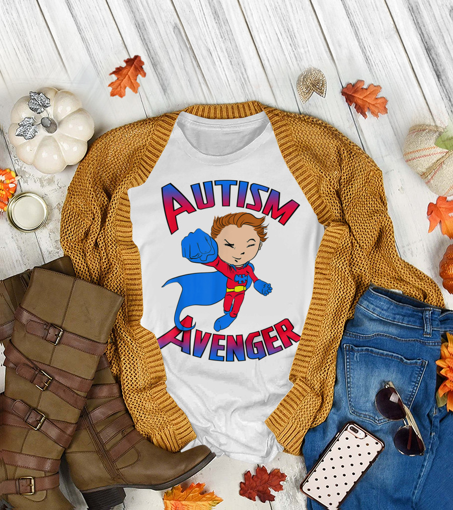 Autism Avenger Autism Awareness Superhero Kid in Red and Blue Suit T-Shirt