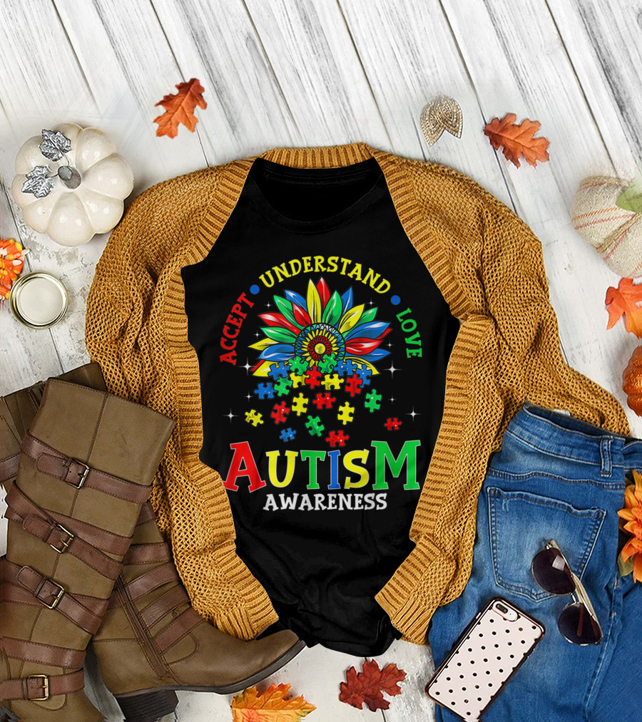 Accept Understand Love Flower and Puzzle Pieces Autism Awareness T-Shirt