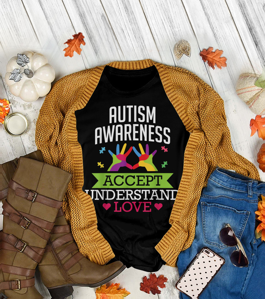Autism Awareness Accept Understand Love Colorful Puzzle Hands Hearts T-Shirt