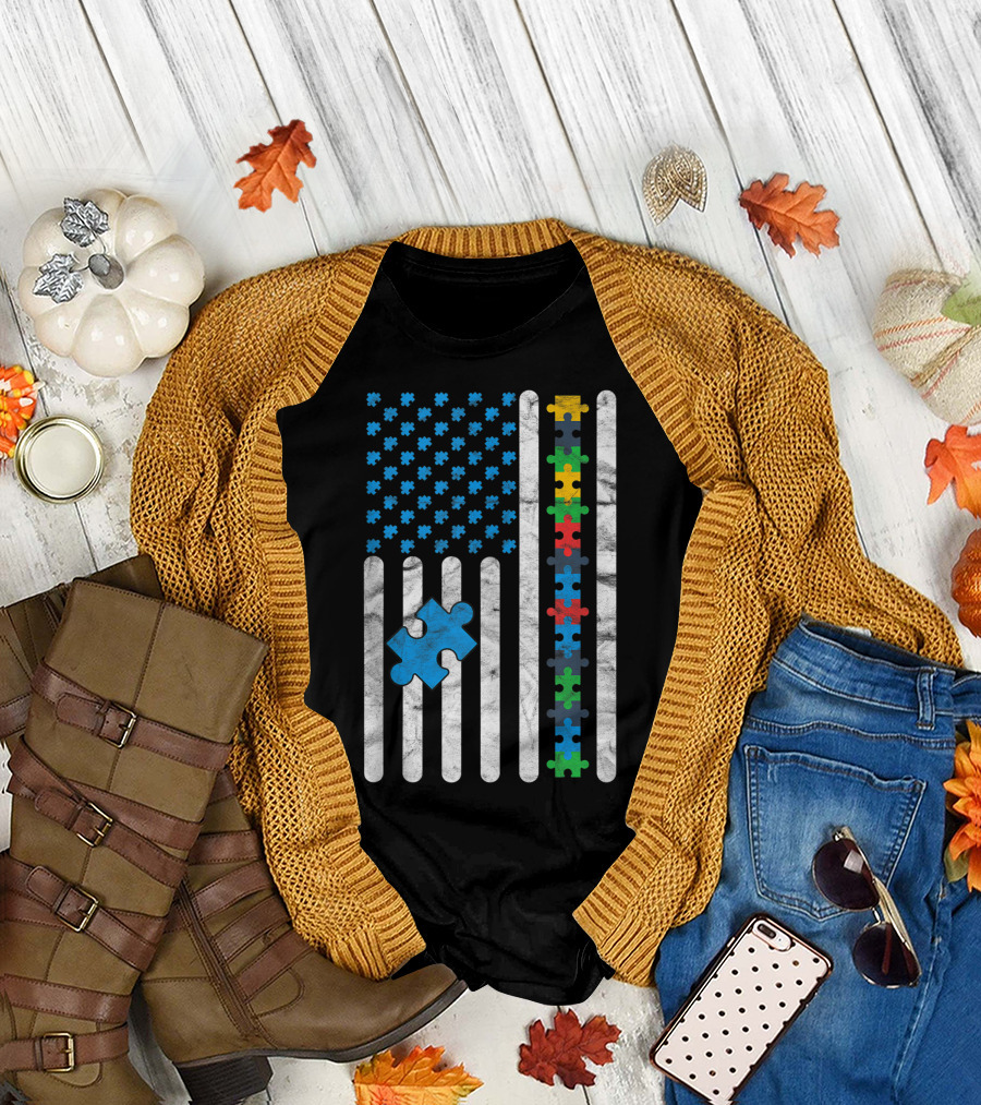 Autism Awareness Puzzle Pieces American Flag Teacher Therapist Autistic T-Shirt