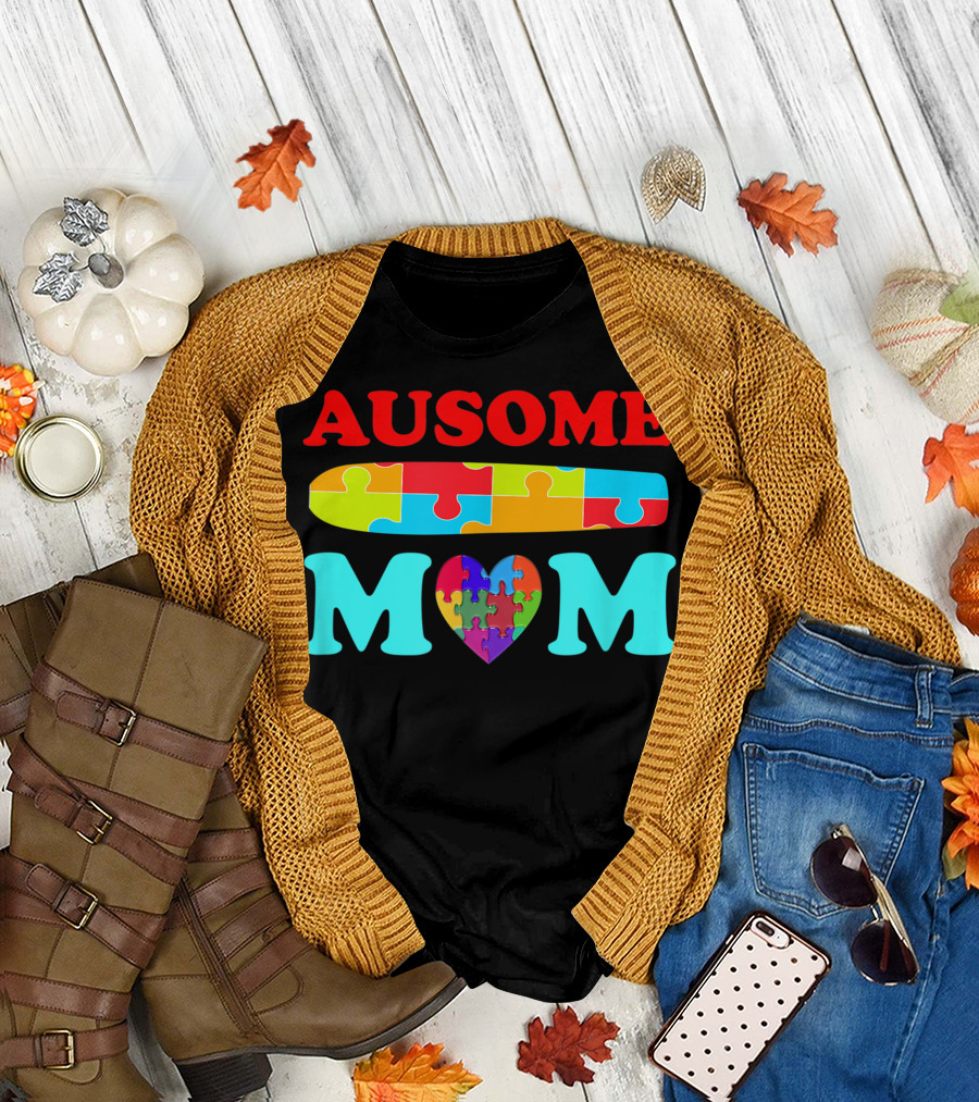 Ausome Mom Puzzle Heart Autism Awareness T-Shirt