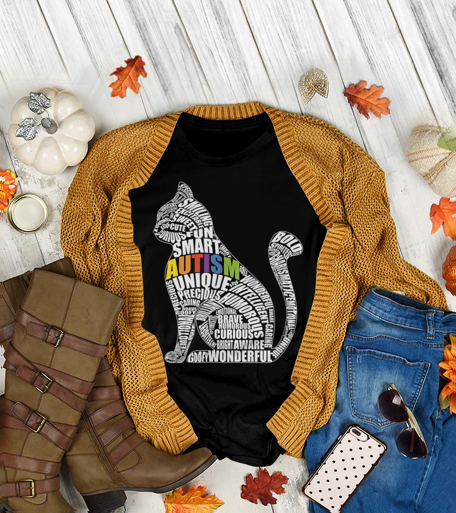 Autism Awareness Cat with Words like Unique Brave Smart Fun Curious for Autistic Teacher or Student T-Shirt